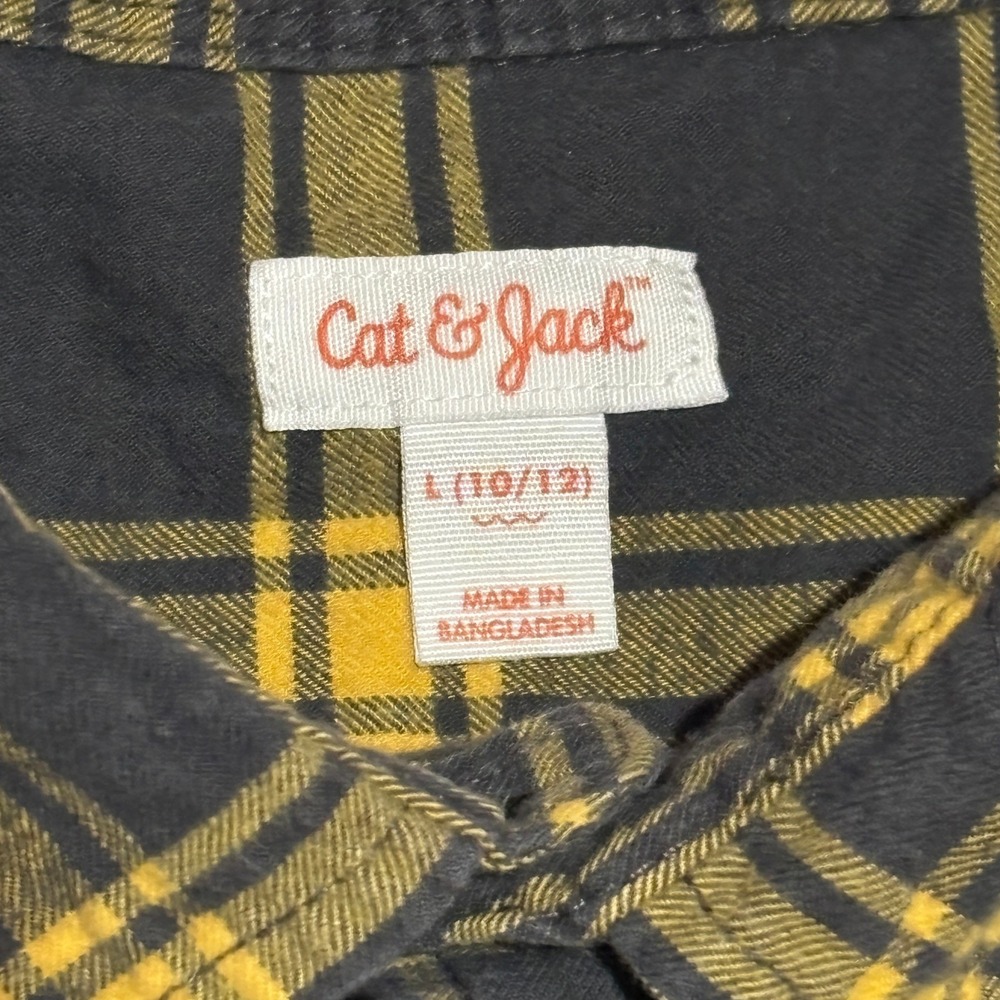 Cat Jack Kids Boys Long Sleeve Flannel Shirt Black Yellow Plaid Size L 10/12 - Picture 4 of 8